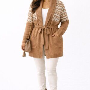 Women's L Tan/Cream Cozy Chic Open Front Cardigan long pockets with tie Belt